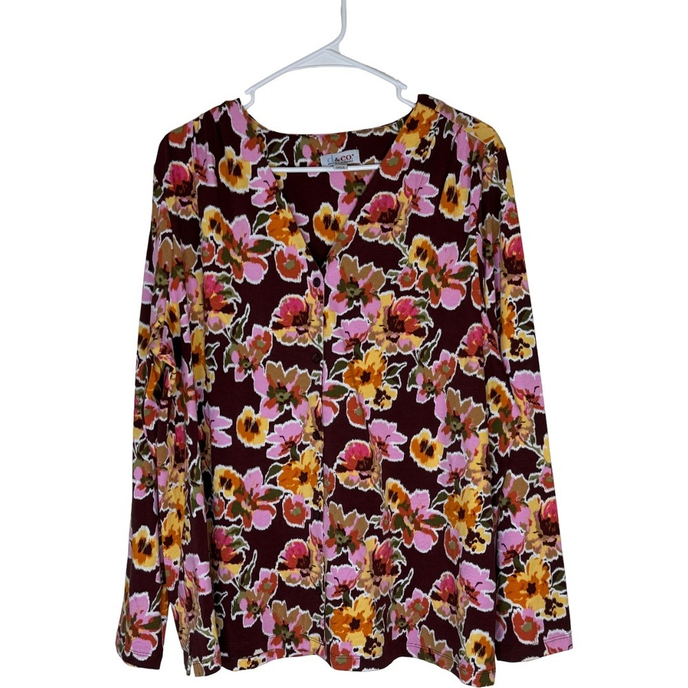 Denim & Co.V-Neck Top Womens 1X Raisin Brown Floral Favorite Jersey Button Front